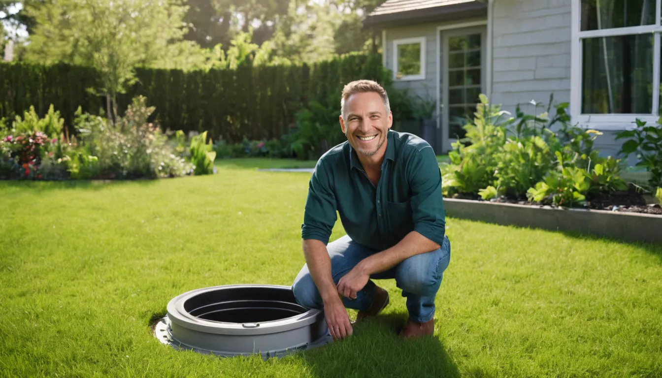 A provider checking a septic tank lid in a yard across the Quogue area