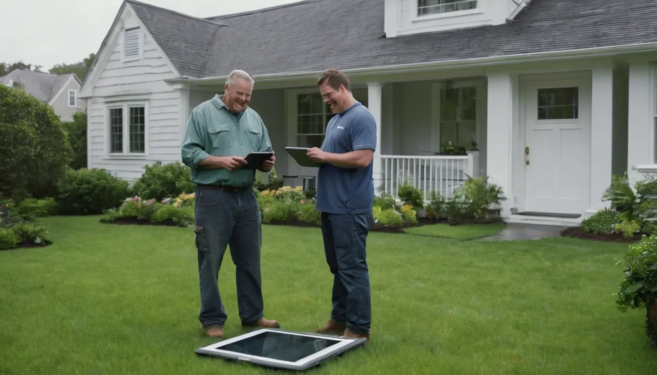 A friendly local septic provider talking with a homeowner beside an open yard access point near a Quogue home