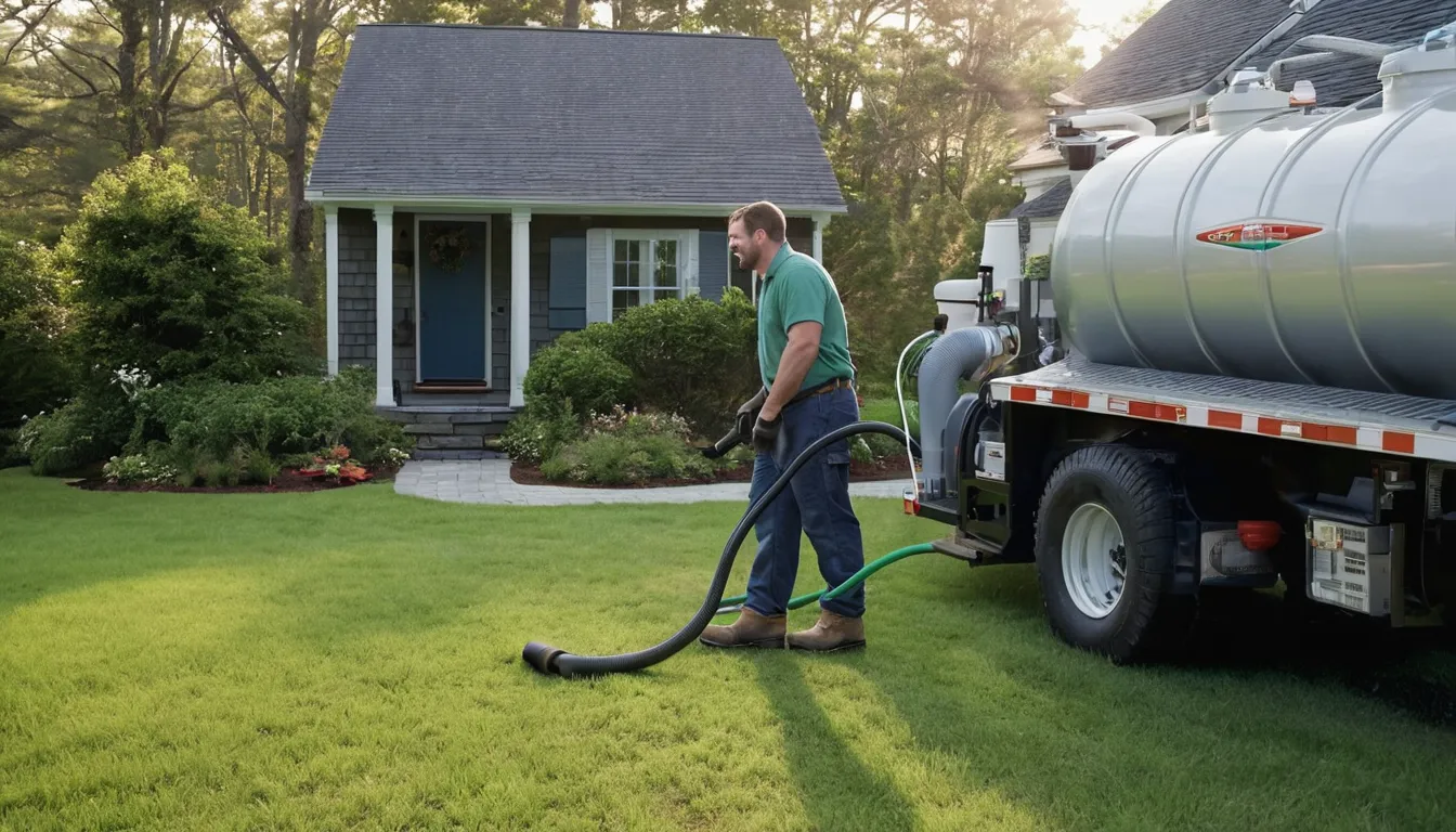 Provider with a pump truck servicing a residential septic tank beside a home in the Quogue area