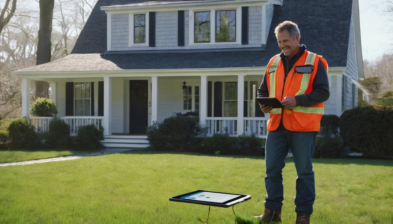Friendly local provider showing a homeowner a sewer camera inspection screen in a yard in the Quogue area
